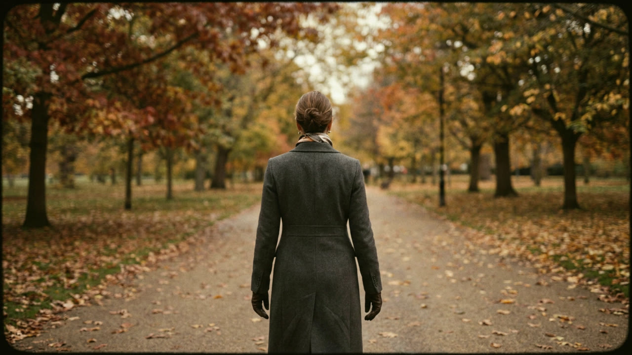 A woman walking away down a tree-lined path in autumn