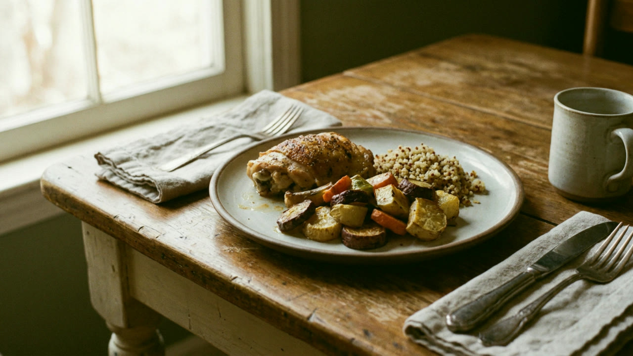 A balanced plate of protein, vegetables and grains on a kitchen table