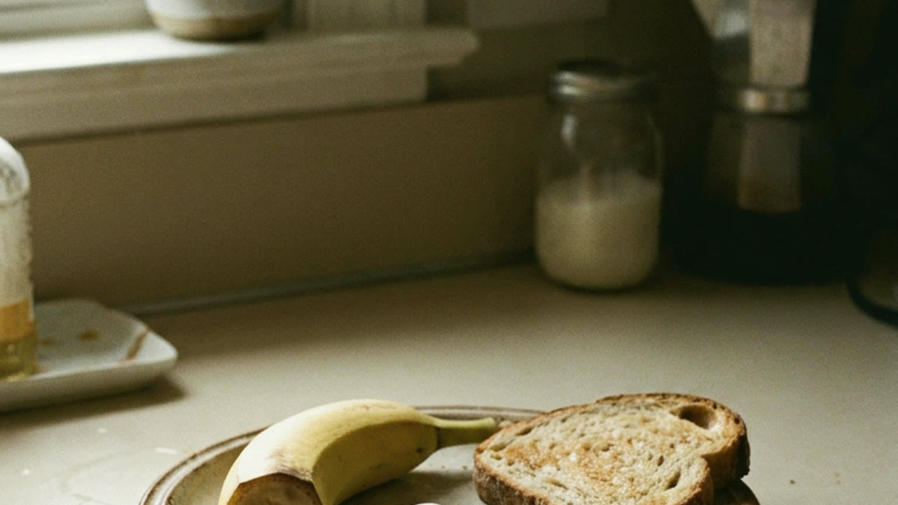 A simple plate with banana and toast on a kitchen counter