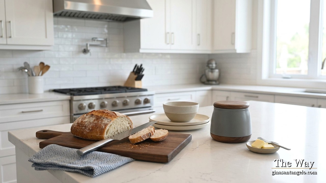 A covered butter crock on the counter beside fresh bread