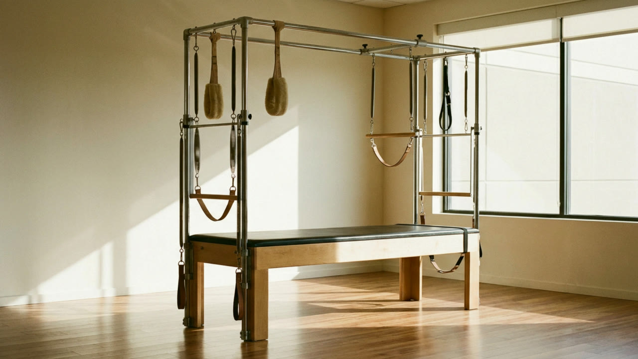 Pilates Cadillac in a quiet studio, morning light