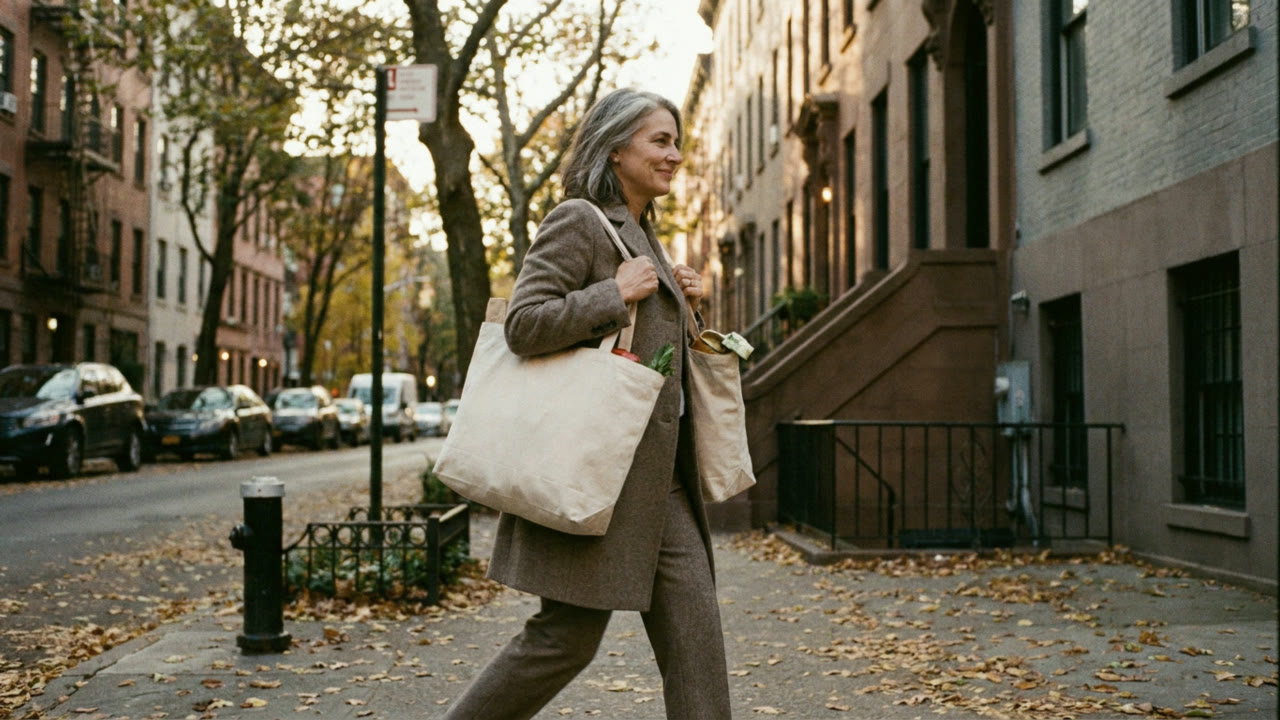 A woman carrying two bags of shopping along a tree-lined street