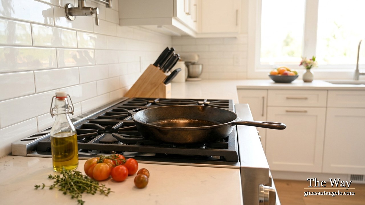 A seasoned cast iron skillet on the stovetop in a bright kitchen