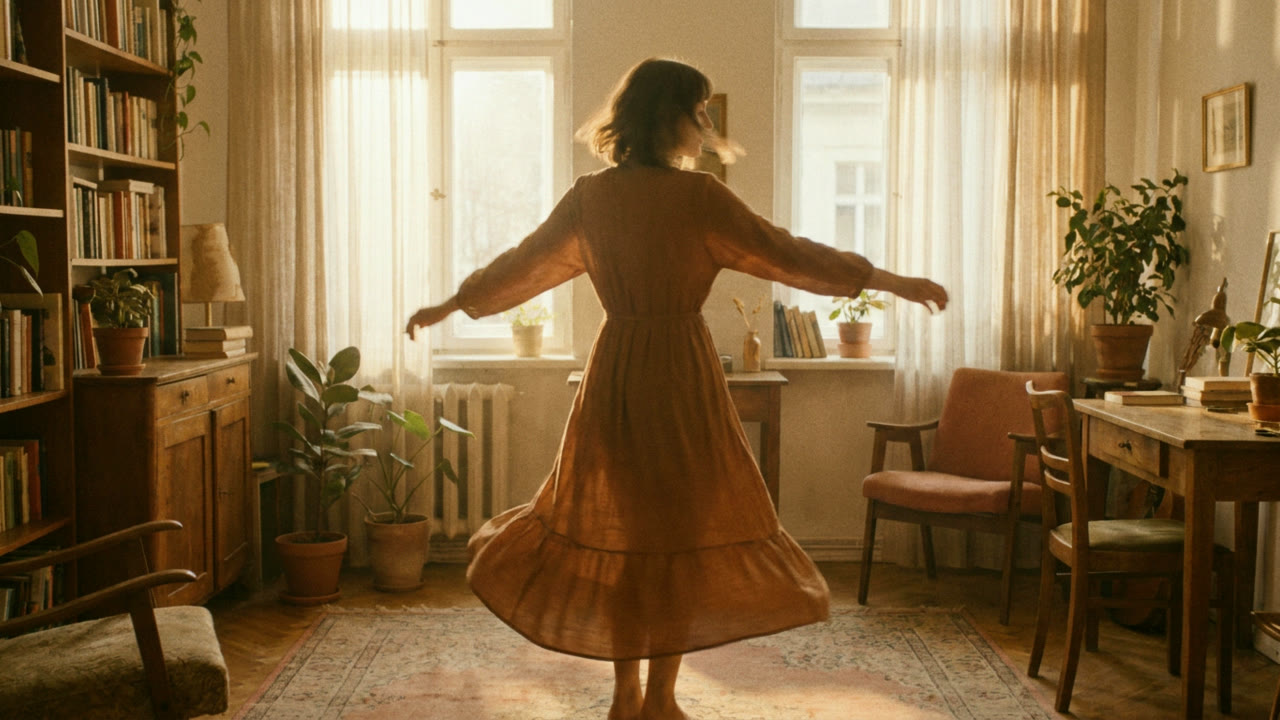 A woman turning freely in a sunlit room, skirt in motion