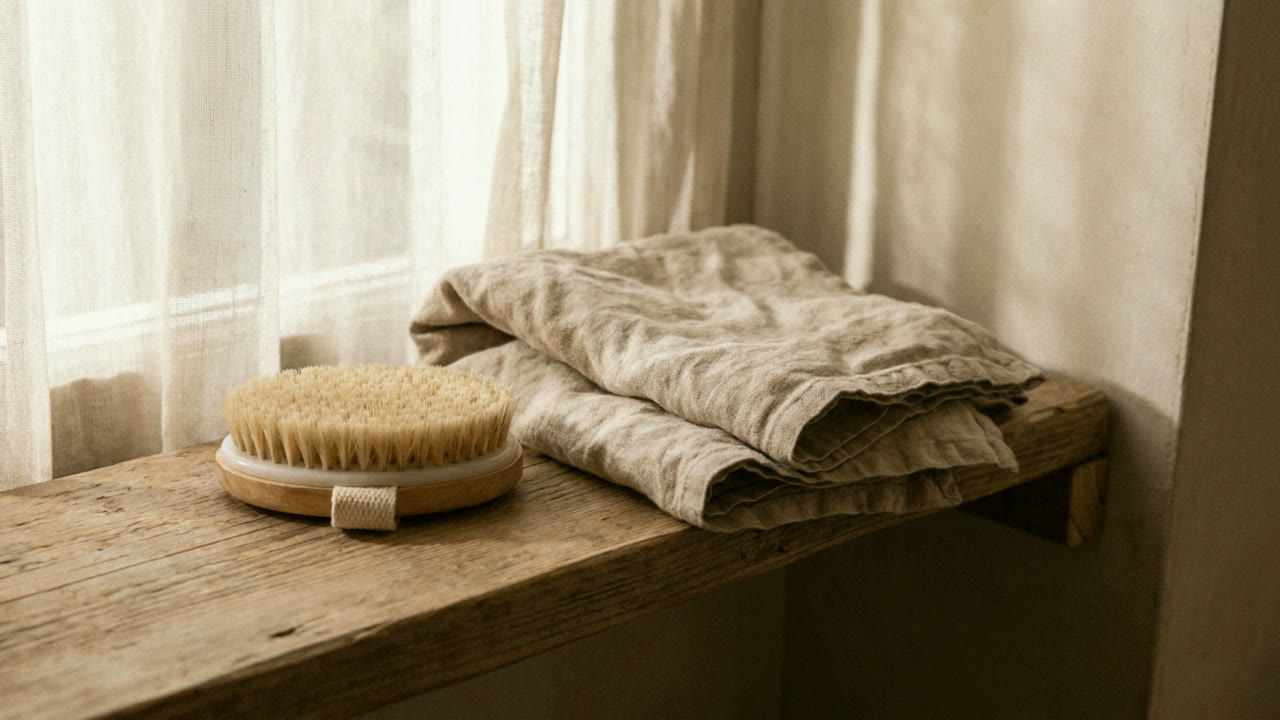 A dry body brush and folded linen on a wooden shelf by a window