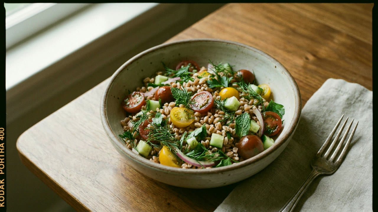 A bowl of farro salad with tomatoes, cucumber and herbs