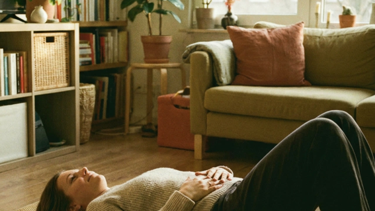 A woman lying on a living room floor, knees bent, hands on her abdomen