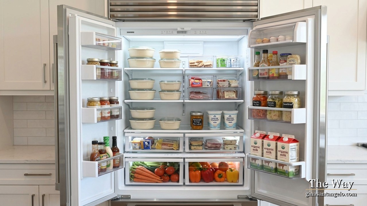 An organized refrigerator with clear storage and produce drawers