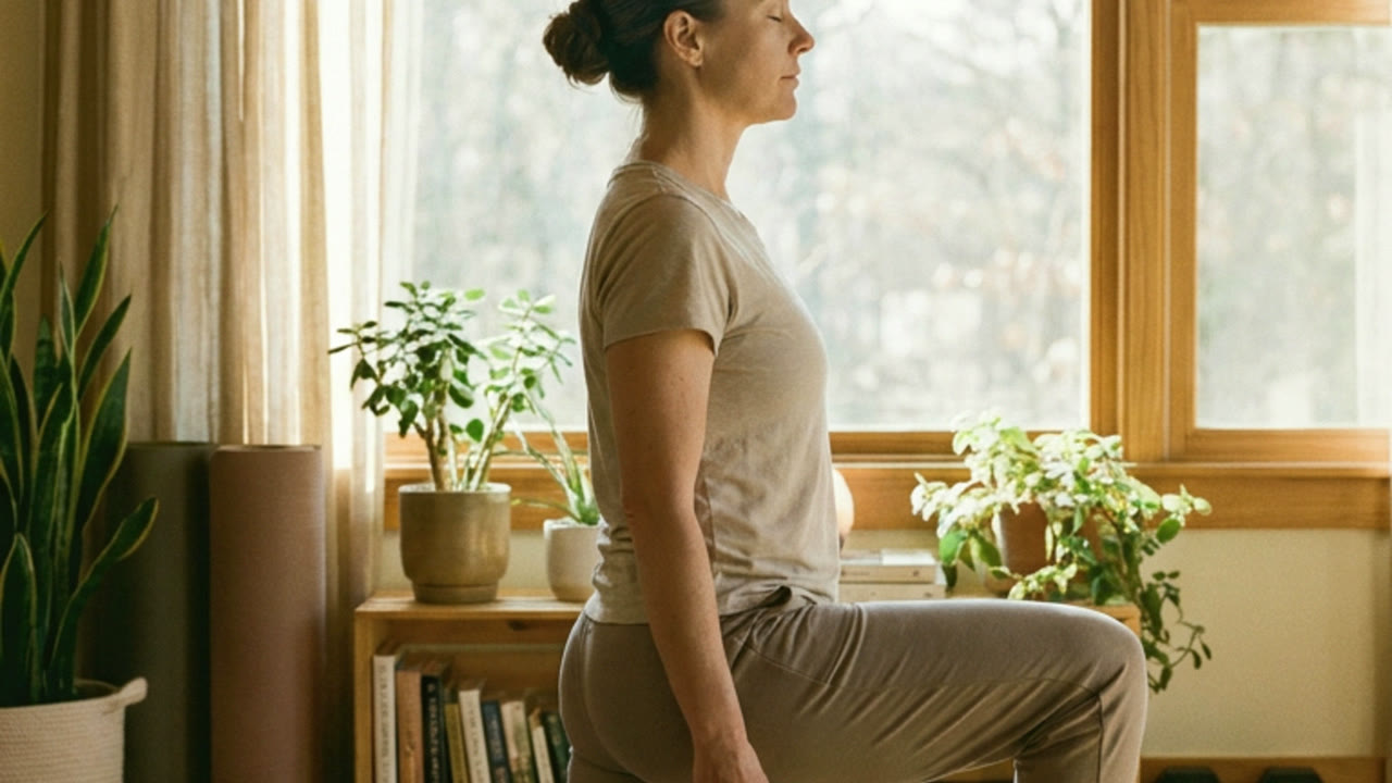 A woman in a half-kneeling lunge stretch beside a window