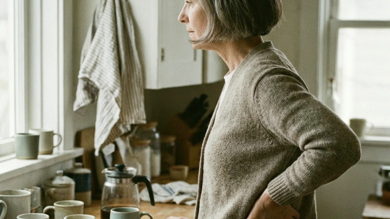 A woman standing at a kitchen counter with one hand at her lower back