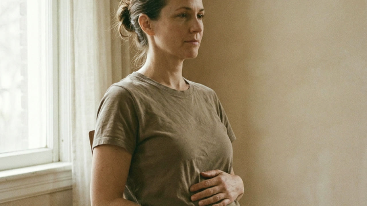 A woman standing with hands resting low on her abdomen