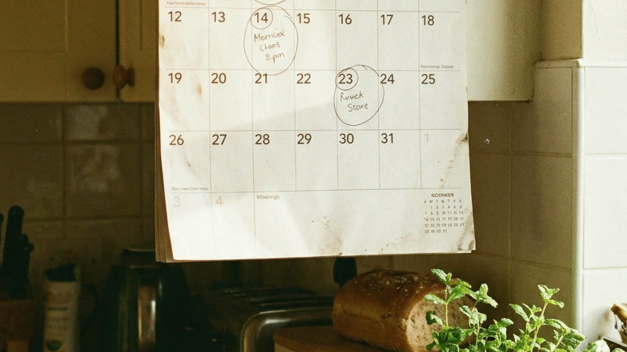 A kitchen wall calendar with days marked