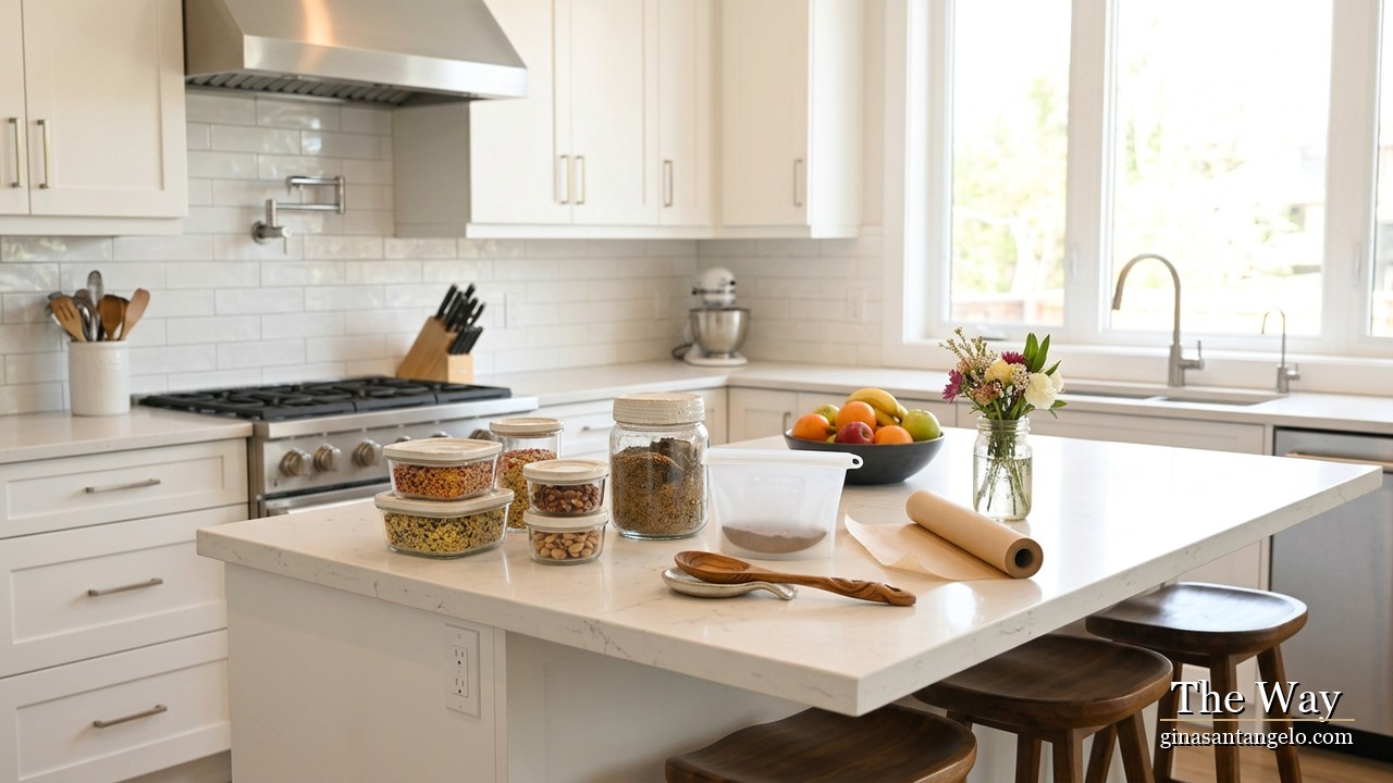 Glass storage, wooden spoons, and parchment on a bright kitchen counter
