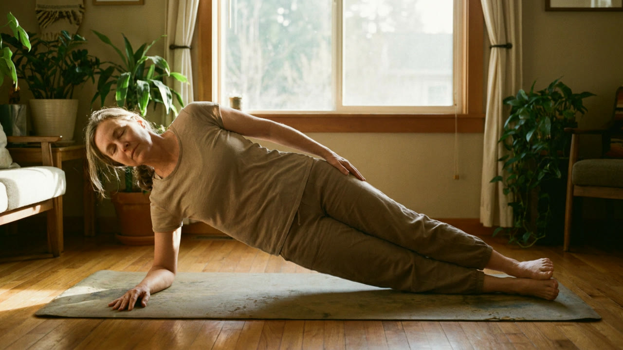 Woman holding a side plank on a mat by a window