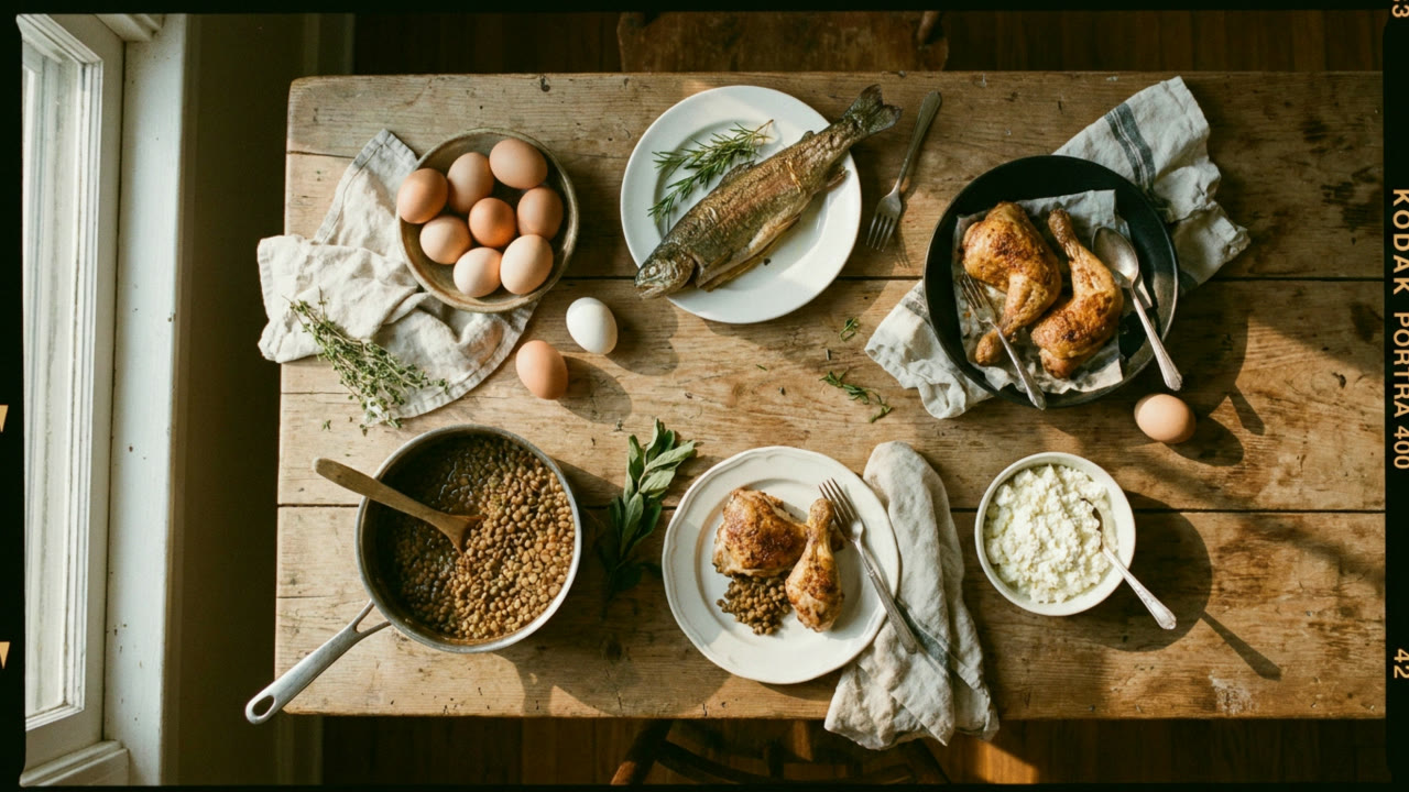 An overhead spread of protein foods on a wooden table