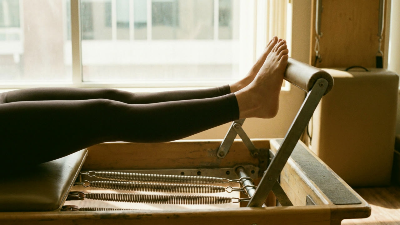 Close view of footwork on the reformer with springs visible