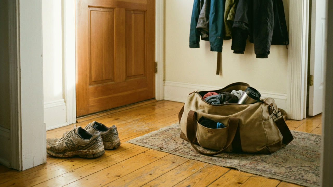 Worn training shoes and a half-packed bag by a front door