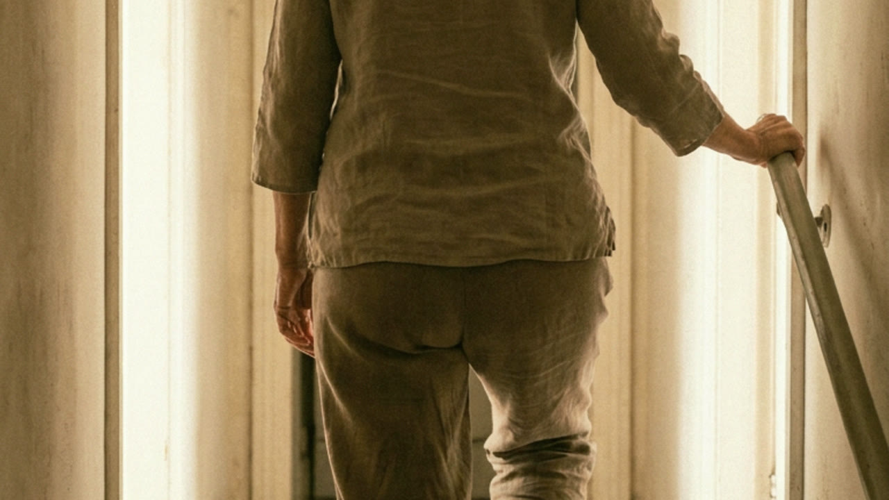 A woman climbing stairs holding the handrail