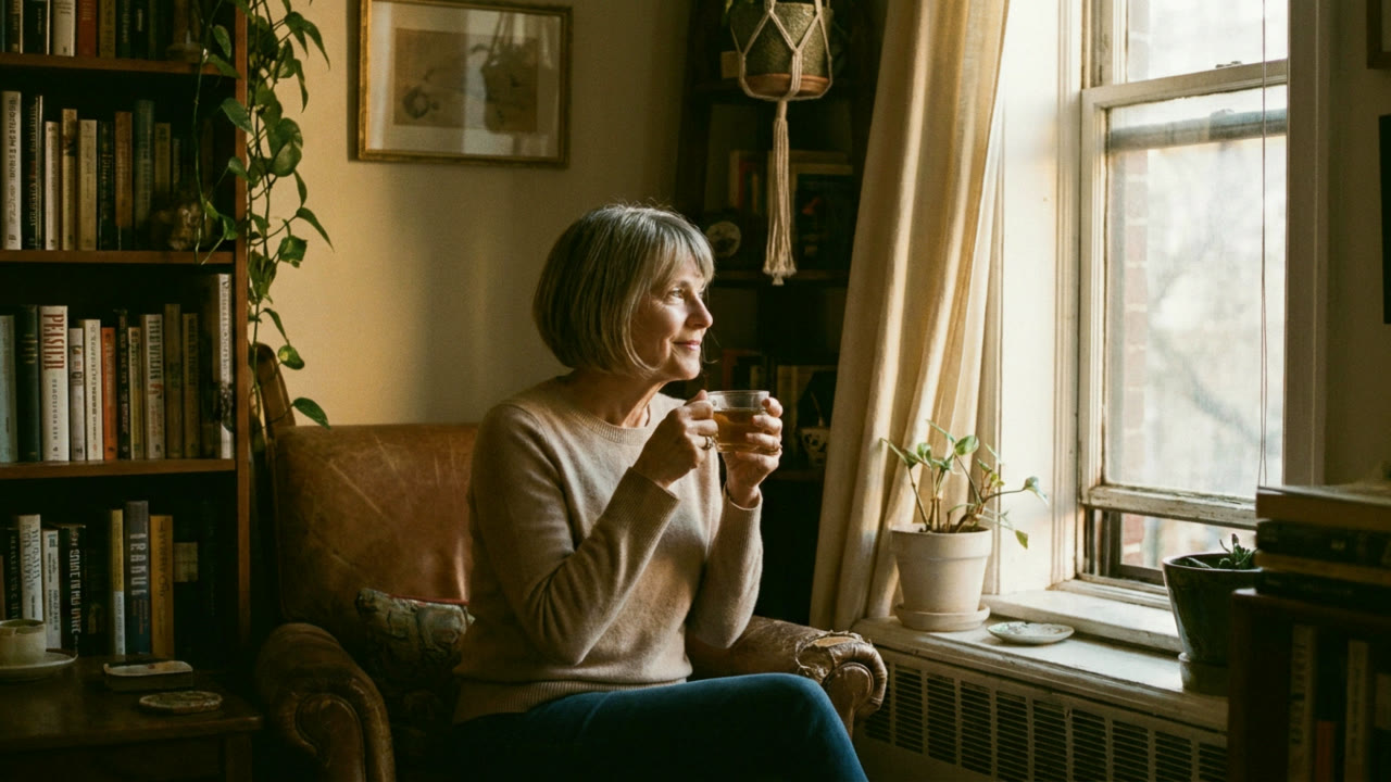 A woman sitting with tea by a window, unhurried