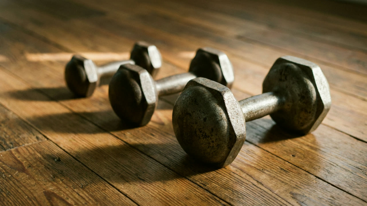 Three dumbbells of increasing size in a row on a wooden floor