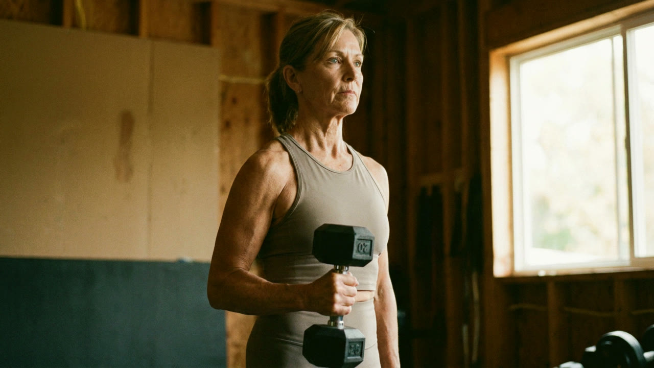 A woman holding a dumbbell, steady and unglamorous