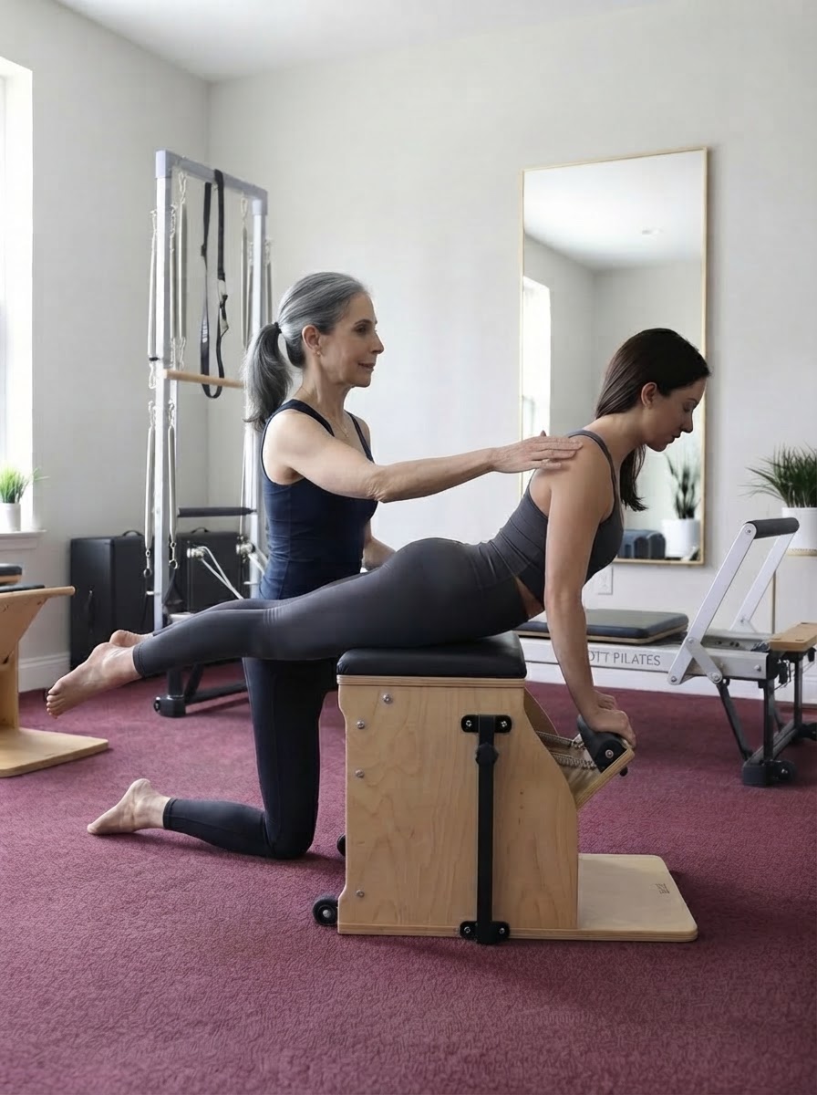 Gina Santangelo cueing a client through a kneeling exercise on the stability chair at the GLOW Body studio