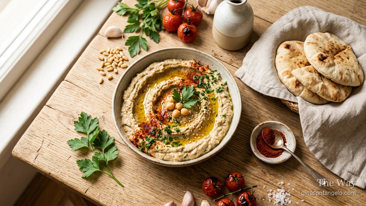 Baba ghanoush drizzled with olive oil and parsley