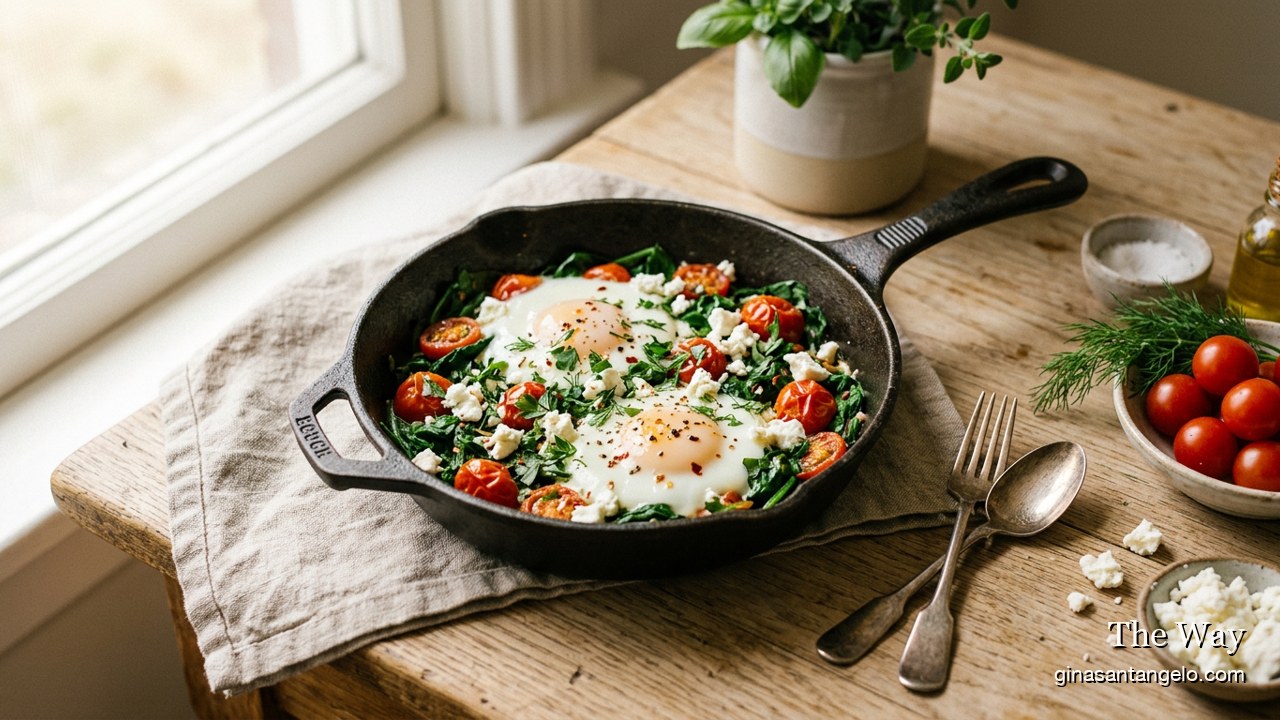 An egg and spinach breakfast skillet with tomatoes and feta