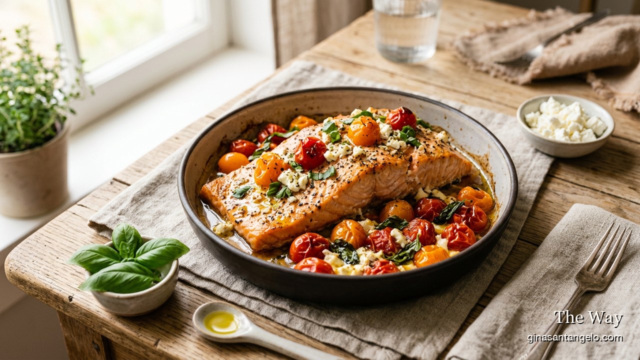 Baked salmon with tomatoes, basil and feta