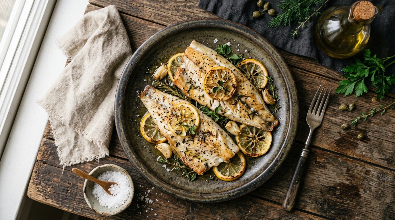 Baked branzino fillets with lemon, garlic and herbs