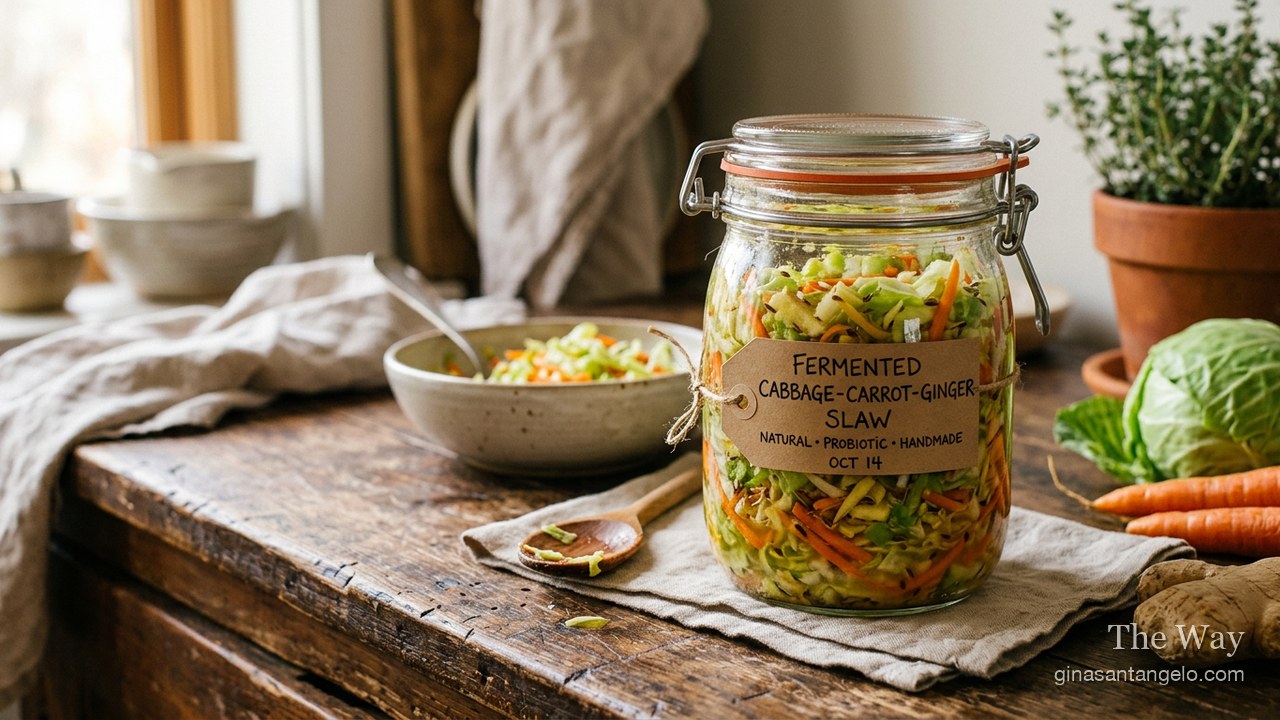 A jar of fermented cabbage, carrot and ginger