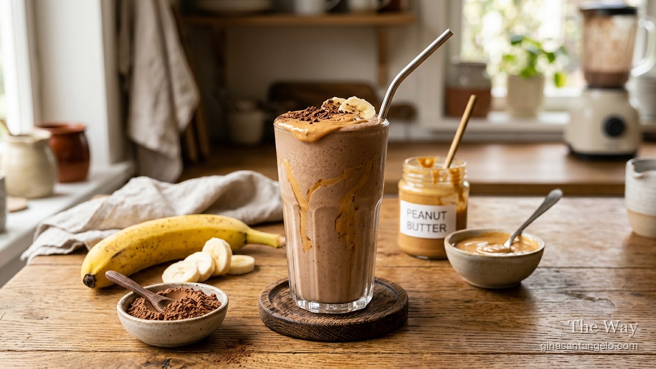 Chocolate peanut butter smoothie in a glass