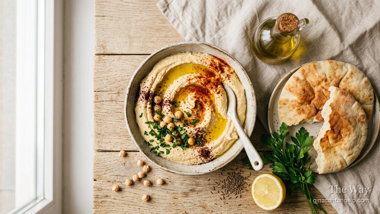 Classic hummus in a bowl with olive oil and paprika