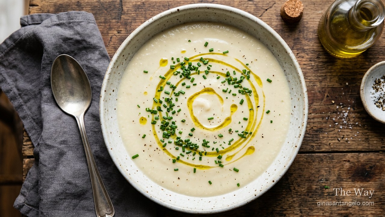 A bowl of creamy cauliflower soup topped with chives