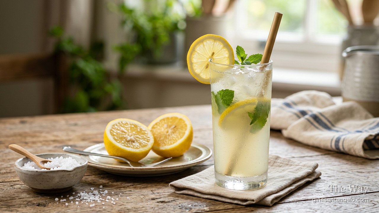 Natural electrolyte lemonade in a pitcher with lemon slices and mint