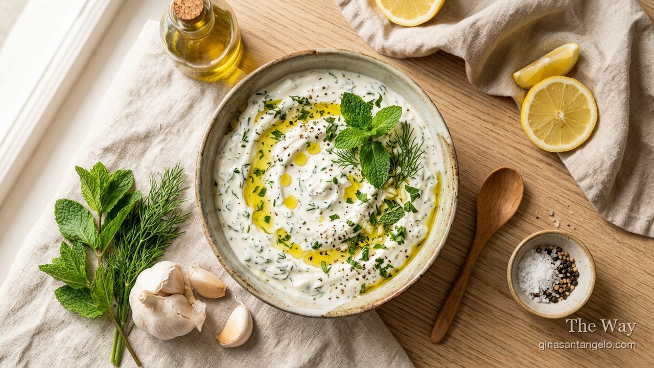 Garlic herb yogurt sauce in a bowl with mint