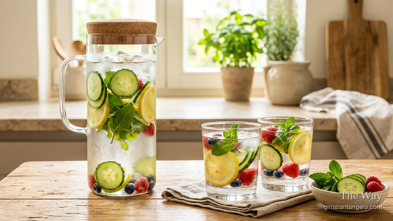 A pitcher of infused water with fruit and herbs