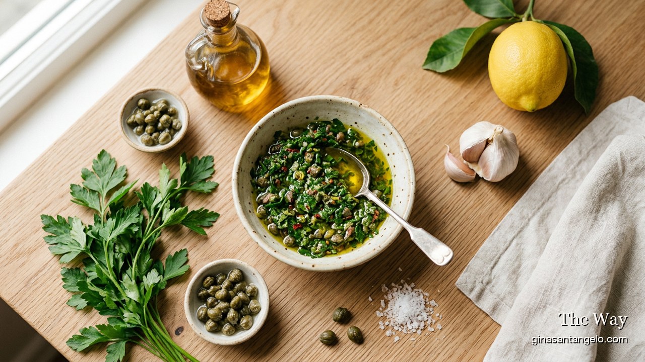 Italian salsa verde in a small bowl with a spoon