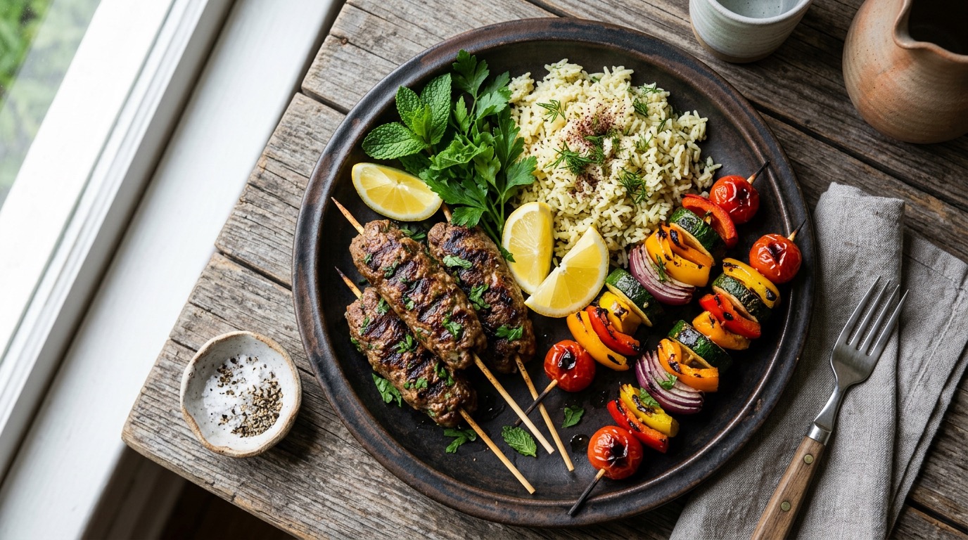 Spiced lamb kofta served with tzatziki and lemon
