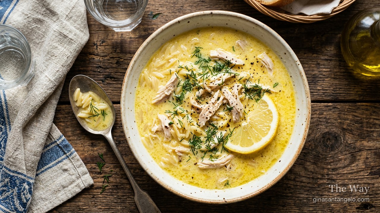 A bowl of Greek lemon chicken soup, avgolemono, with dill