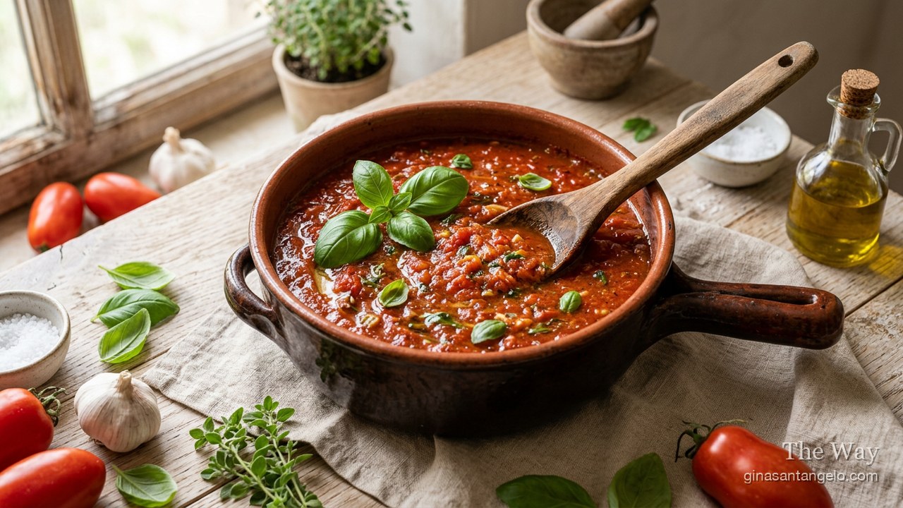 A pot of homemade marinara sauce