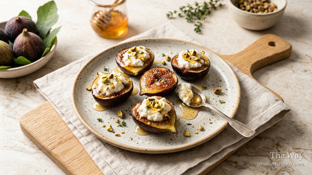 Roasted figs over ricotta with pistachios