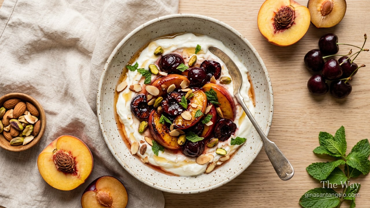Roasted stone fruit over yogurt