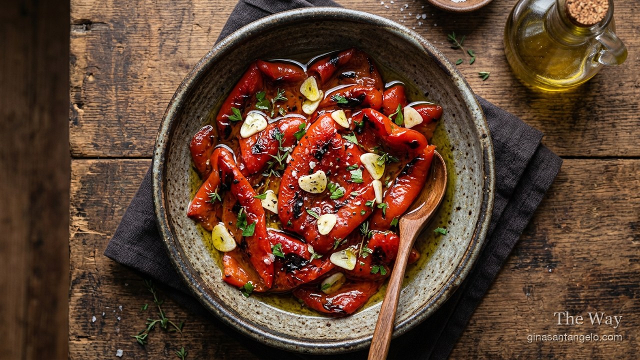 Italian roasted red peppers with garlic and olive oil