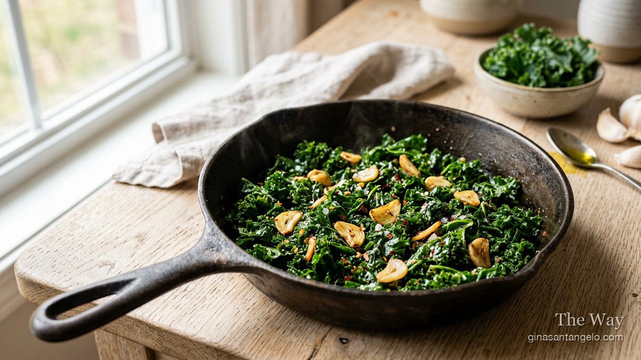 Sautéed kale in a skillet