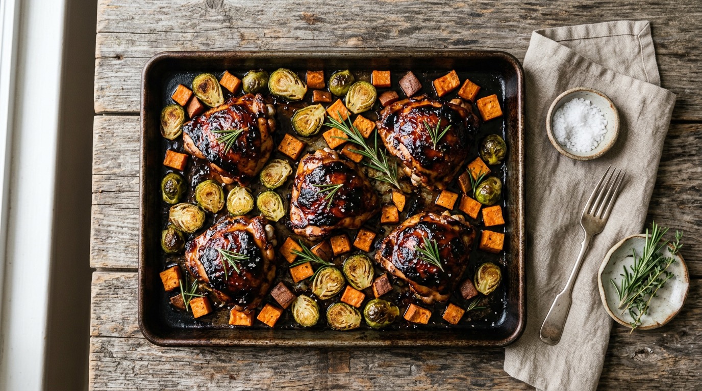 Balsamic rosemary chicken thighs in a skillet