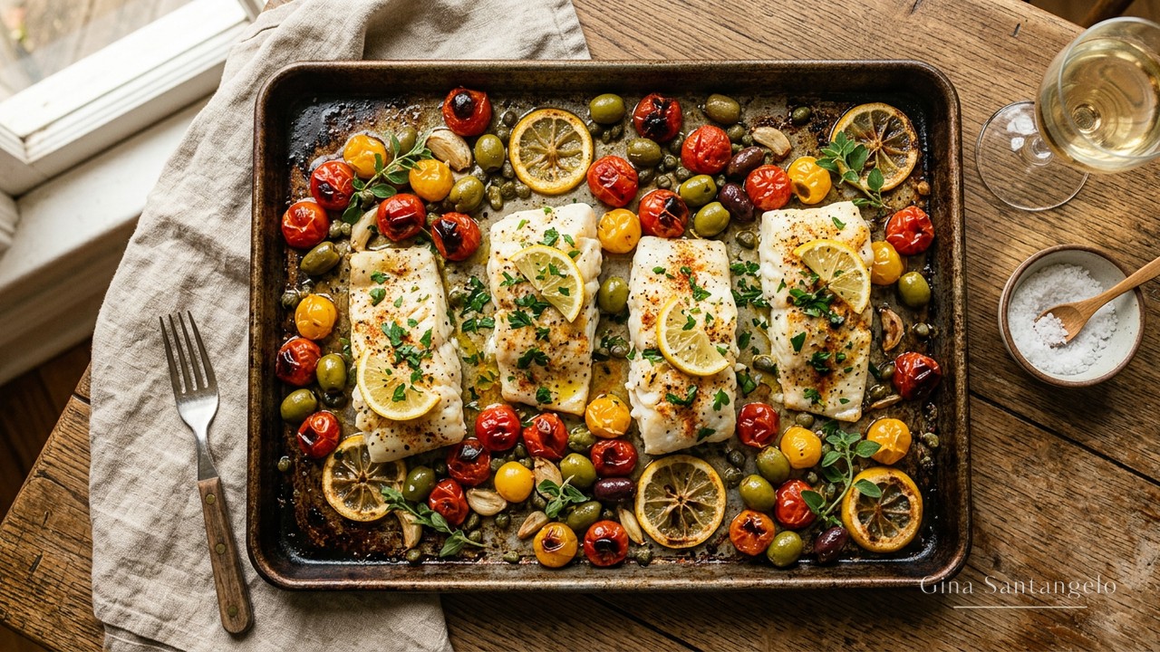 Mediterranean roasted cod with cherry tomatoes, olives and capers in a baking dish