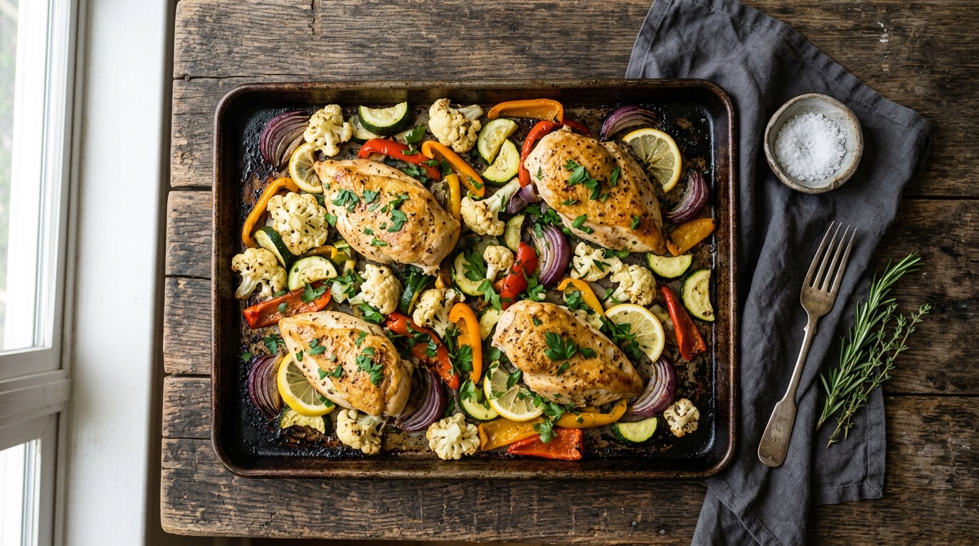 Sheet pan of Mediterranean chicken with roasted cauliflower, zucchini, peppers and red onion