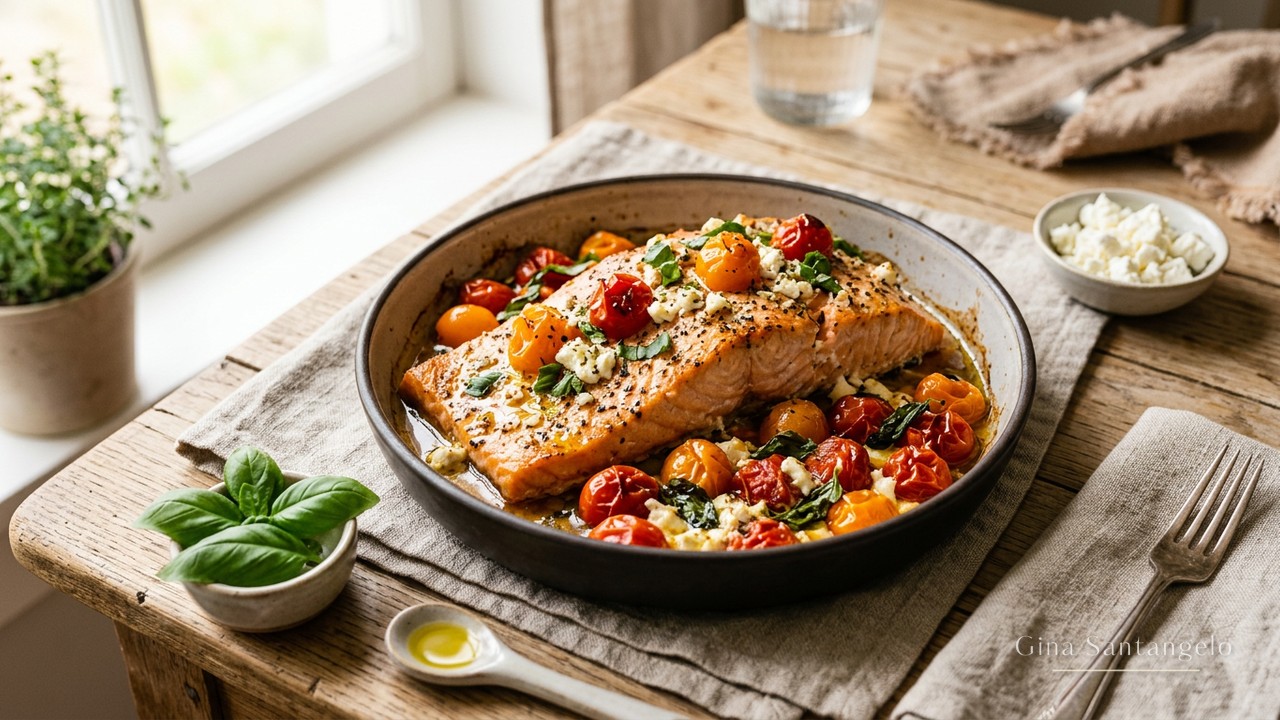 Sheet pan of salmon fillets with fingerling potatoes, asparagus and cherry tomatoes