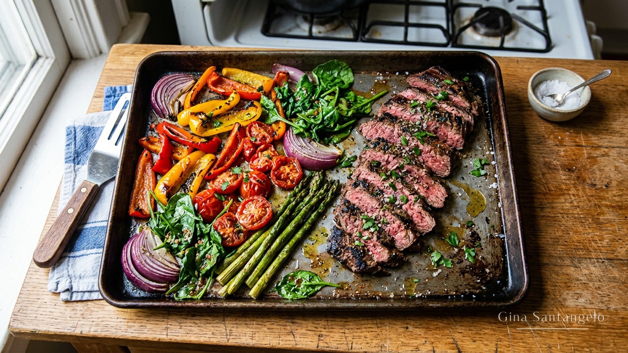 Sliced garlic herb skirt steak on a board